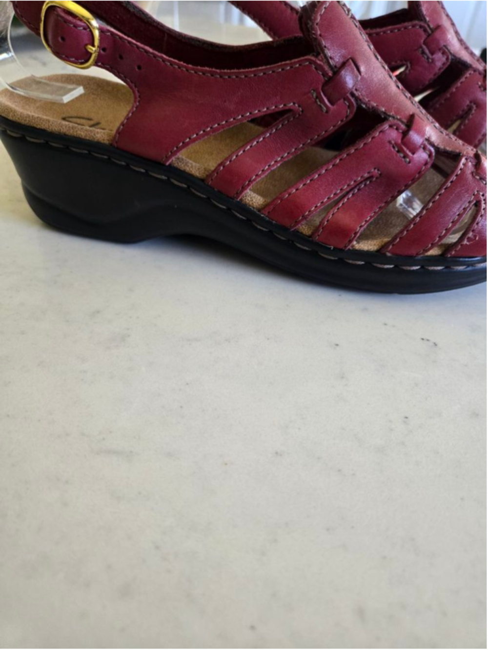 Clarks Red Leather Bendables Lexi Marigold Wedge Sandals Size 6.5 - Picture 5 of 12